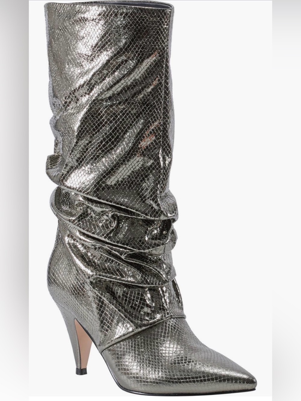 Marc Fisher LTD Paityn Metallic Pewter Snake Slouch Boots Pointed Cone Heel 7.5